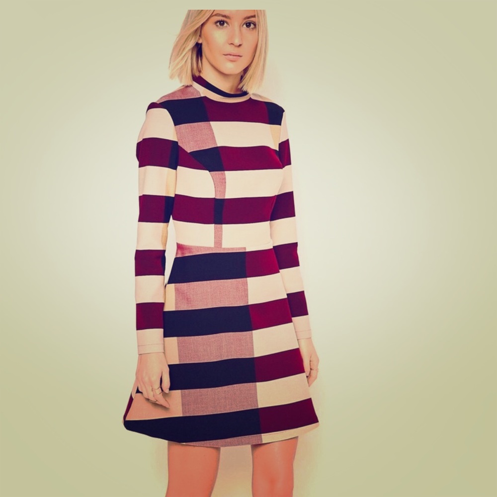 ASOS WHITE - Funnel Neck Black Stripe Mini Dress